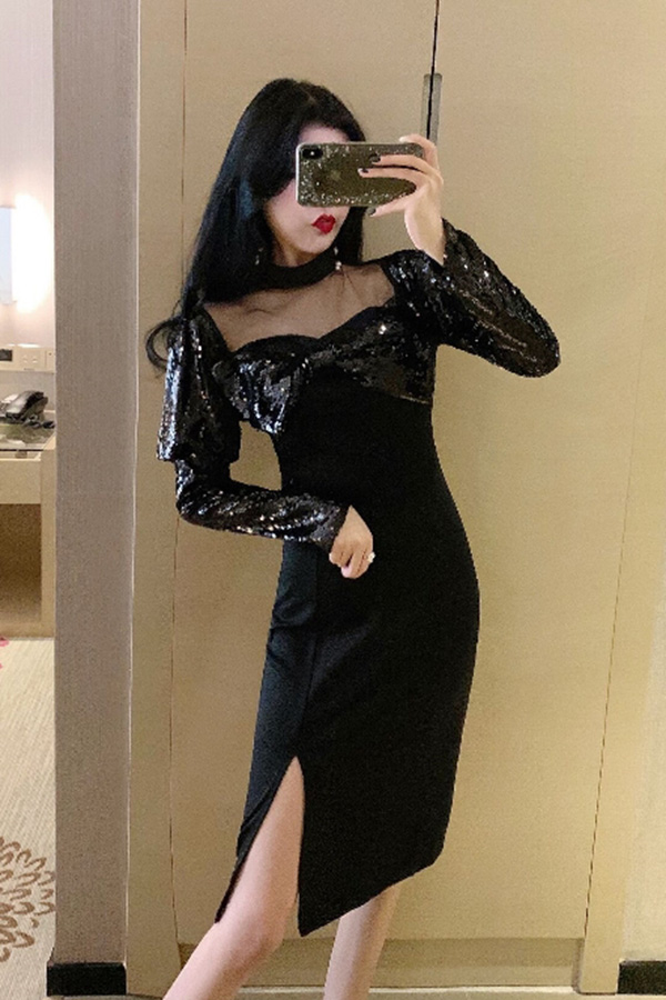 리젠 블링탑 스퀘어시스루 퍼프숄더 트임라인 미디원피스