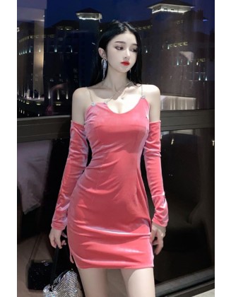 파티걸 언발넥라인 벨벳광 미니원피스 (로즈레드,블랙)